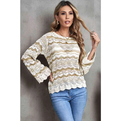 Wavy Stripe Scalloped Hem Openwork Knit Top - Tops