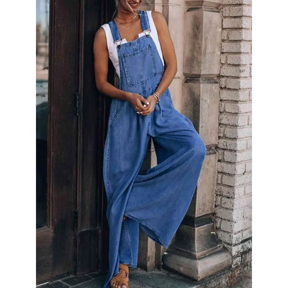 Wide Leg Denim Overalls - Bottoms