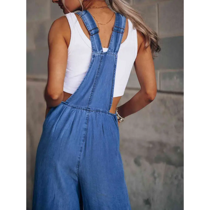 Wide Leg Denim Overalls - Bottoms