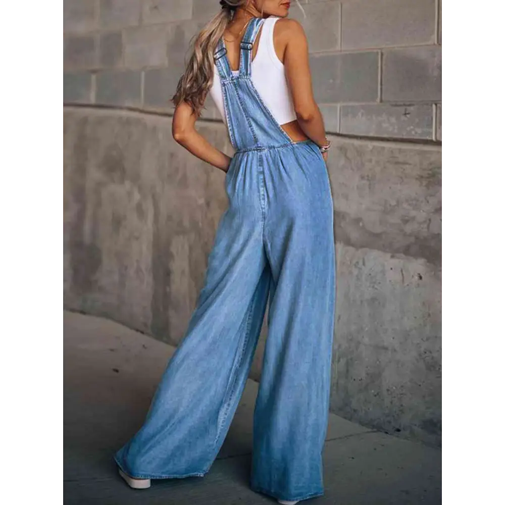 Wide Leg Denim Overalls - Bottoms