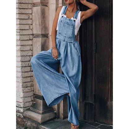 Wide Leg Denim Overalls - Bottoms