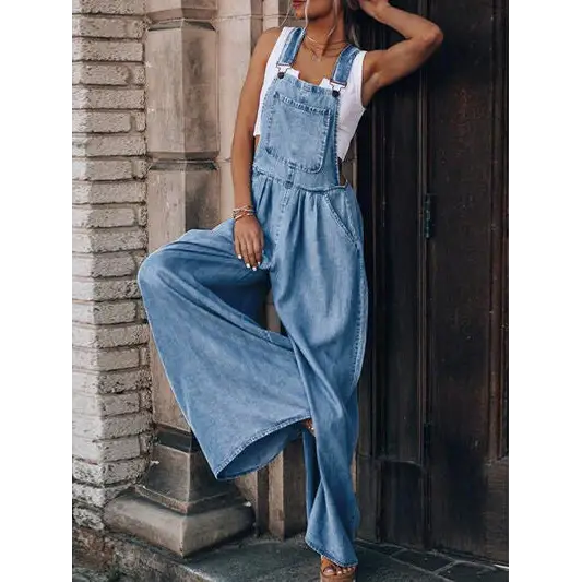 Wide Leg Denim Overalls - Light / S - Bottoms