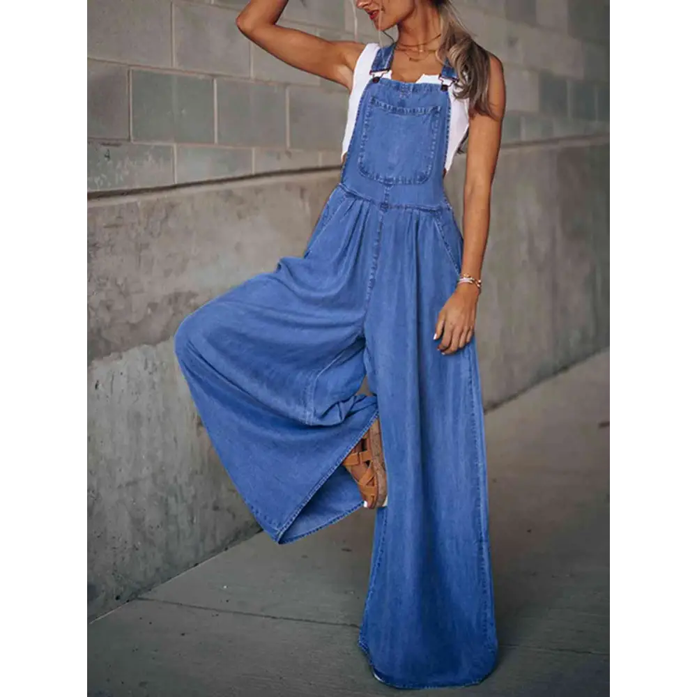 Wide Leg Denim Overalls - Medium / S - Bottoms