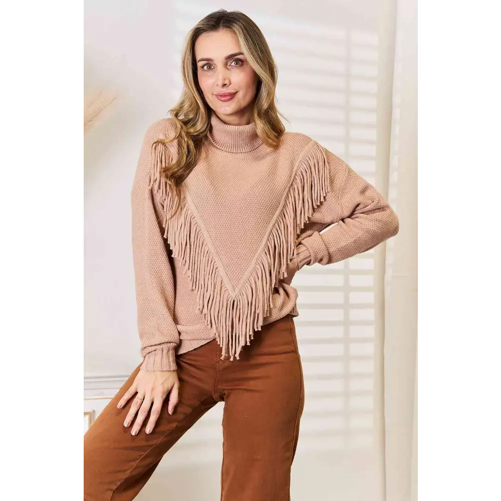 Woven Right Turtleneck Fringe Front Long Sleeve Sweater - Madi Gray Boutique