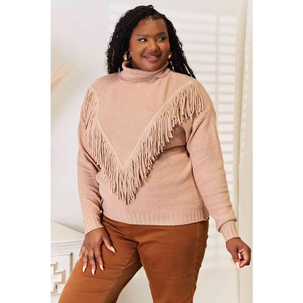 Woven Right Turtleneck Fringe Front Long Sleeve Sweater - Madi Gray Boutique