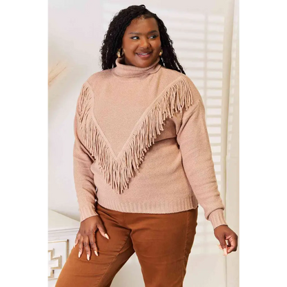 Woven Right Turtleneck Fringe Front Long Sleeve Sweater - Madi Gray Boutique