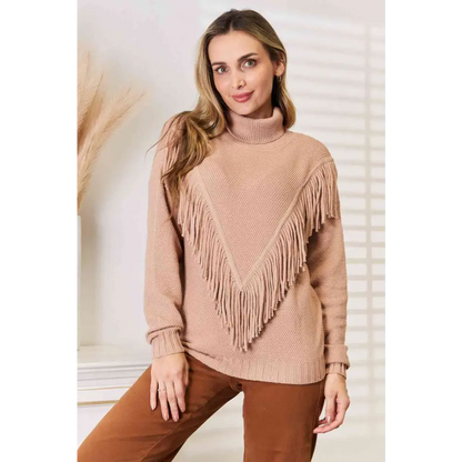 Woven Right Turtleneck Fringe Front Long Sleeve Sweater - Madi Gray Boutique