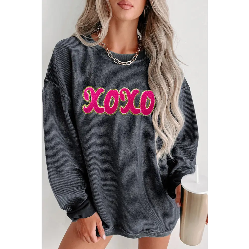 XOXO Sequin Round Neck Dropped Shoulder Sweatshirt - Madi Gray Boutique