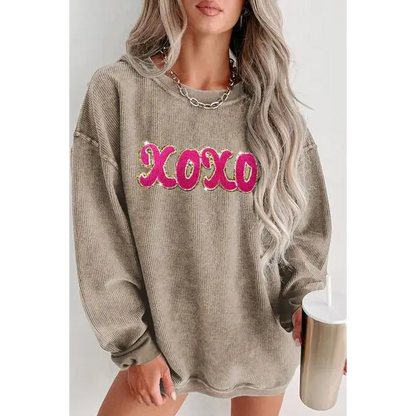 XOXO Sequin Round Neck Dropped Shoulder Sweatshirt - Madi Gray Boutique