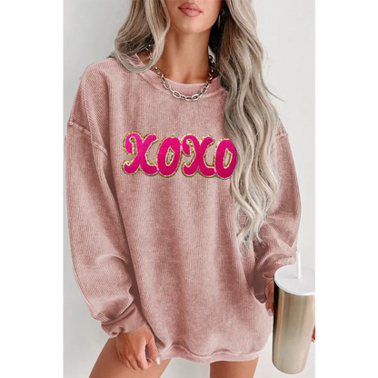 XOXO Sequin Round Neck Dropped Shoulder Sweatshirt - Madi Gray Boutique