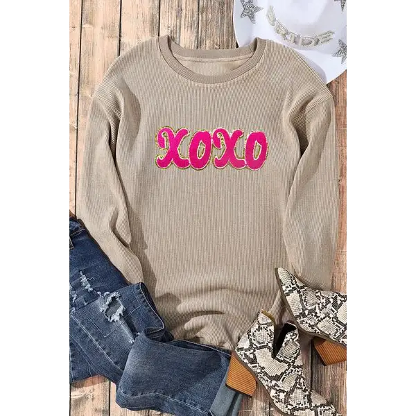 XOXO Sequin Round Neck Dropped Shoulder Sweatshirt - Madi Gray Boutique