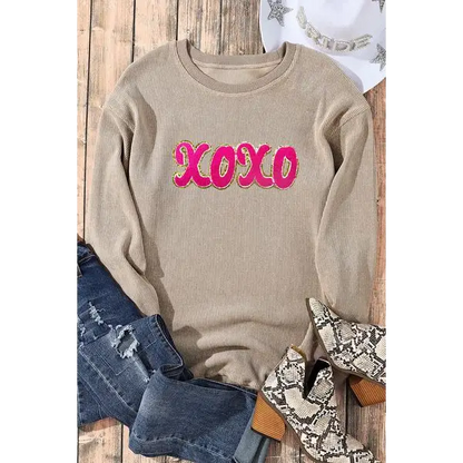 XOXO Sequin Round Neck Dropped Shoulder Sweatshirt - Madi Gray Boutique