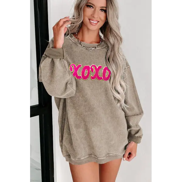 XOXO Sequin Round Neck Dropped Shoulder Sweatshirt - Madi Gray Boutique