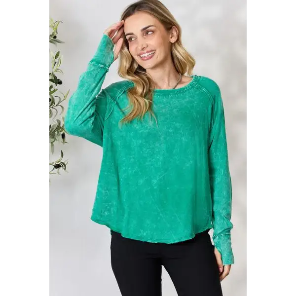 Zenana Round Neck Long Sleeve Top - Kelly Green / S - Tops