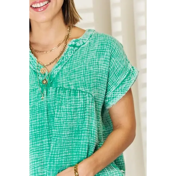 Zenana Washed Raw Hem Short Sleeve Blouse with Pockets - Tops