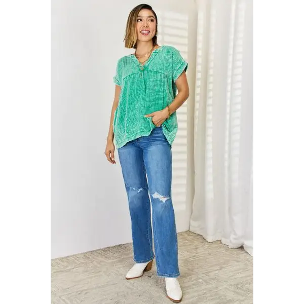 Zenana Washed Raw Hem Short Sleeve Blouse with Pockets - Tops