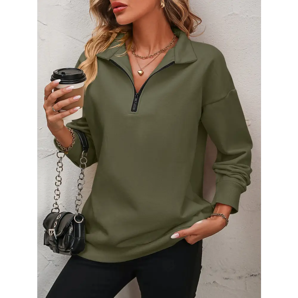 Zip-Up Dropped Shoulder Sweatshirt - Army Green / S - Tops