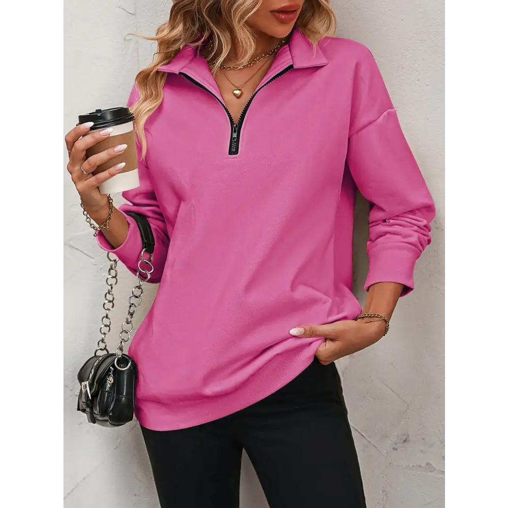 Zip-Up Dropped Shoulder Sweatshirt - Hot Pink / S - Tops