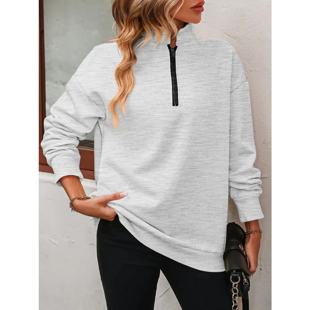 Zip-Up Dropped Shoulder Sweatshirt - Tops