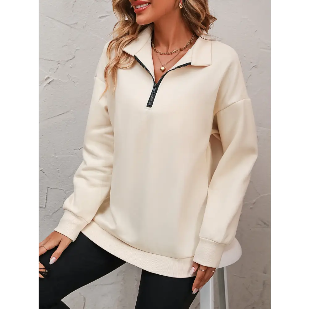 Zip-Up Dropped Shoulder Sweatshirt - Tops