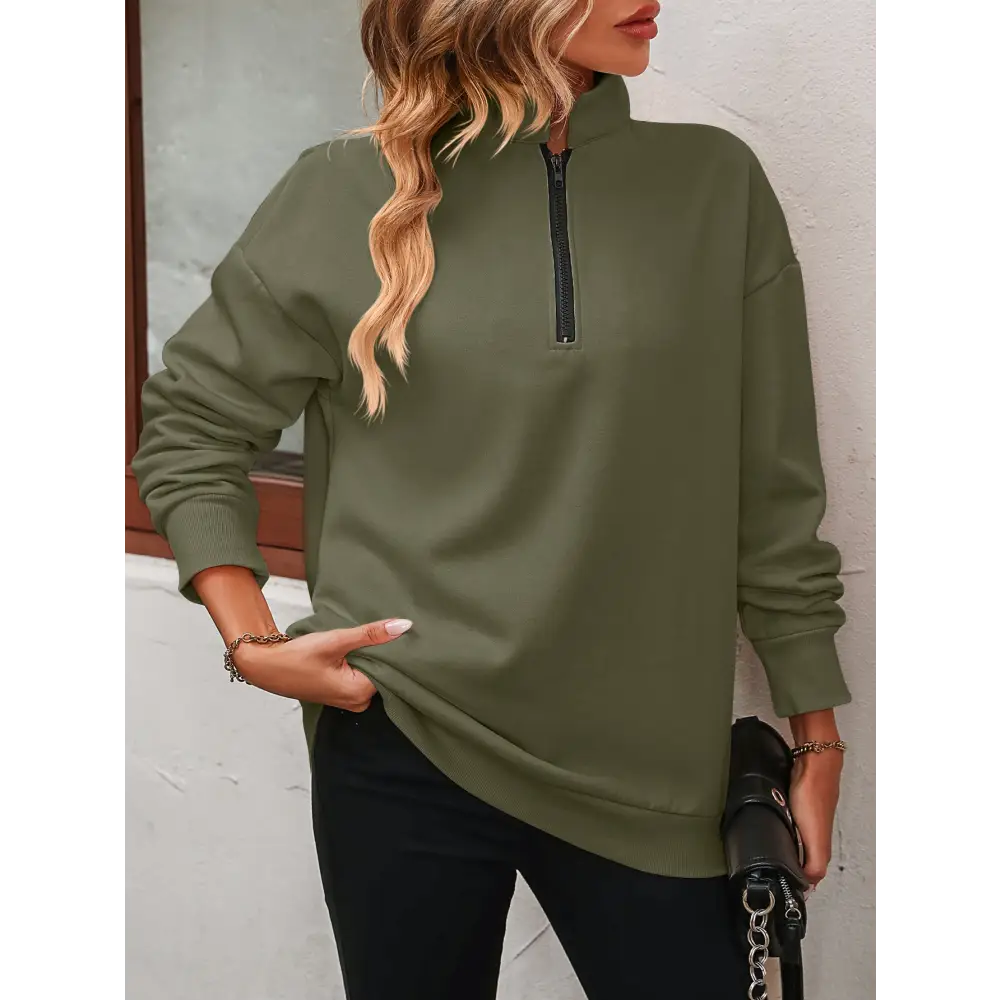 Zip-Up Dropped Shoulder Sweatshirt - Tops