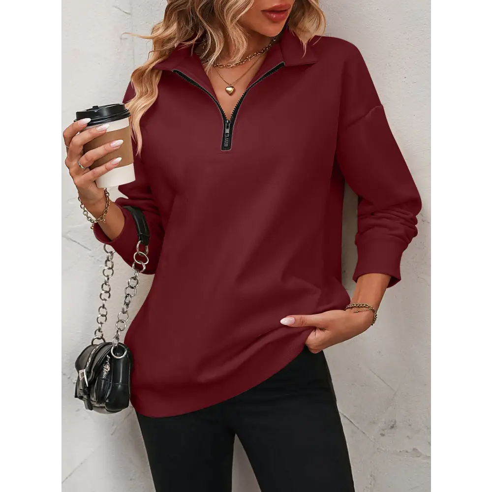 Zip-Up Dropped Shoulder Sweatshirt - Wine / S - Tops