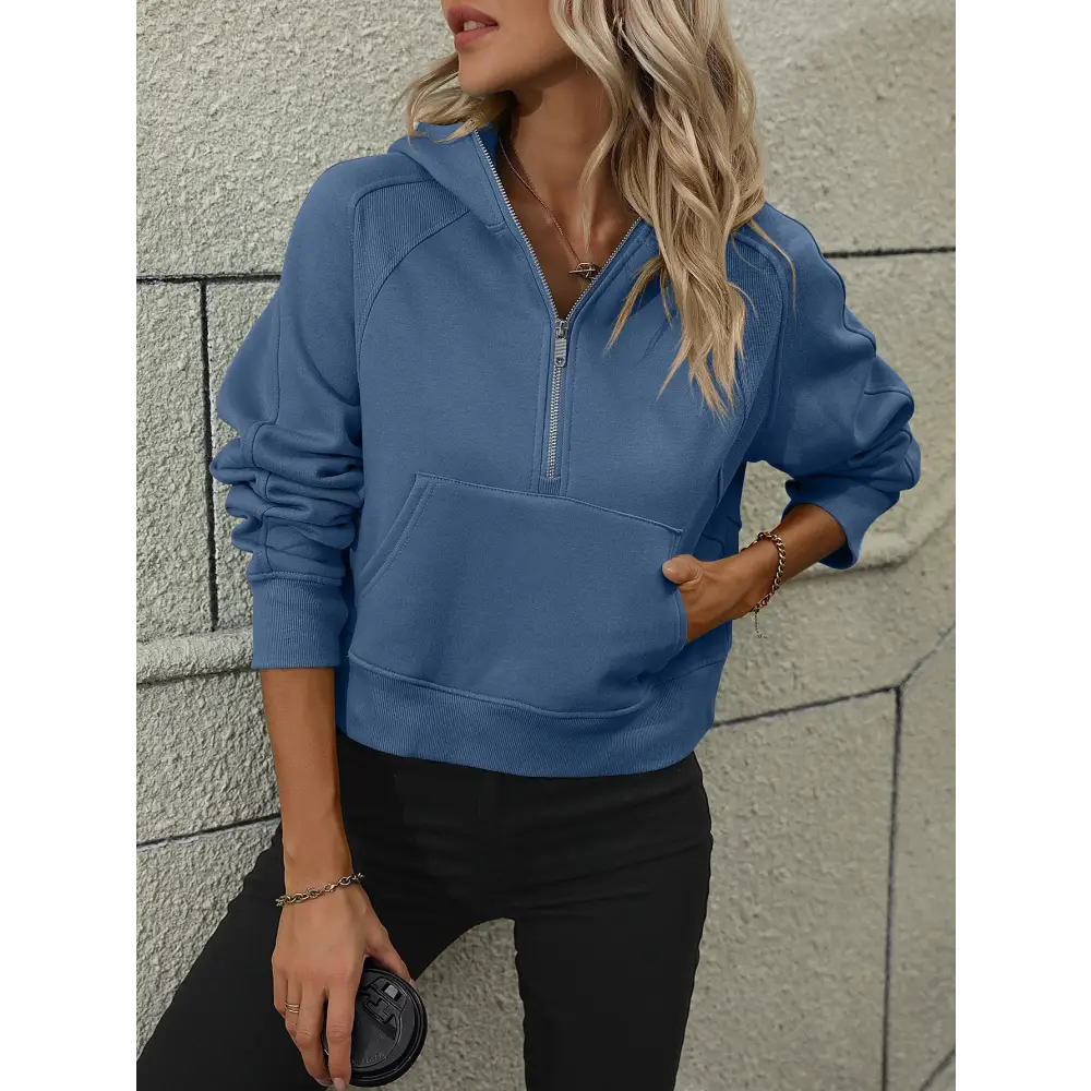 Zip-Up Raglan Sleeve Hoodie with Pocket - Madi Gray Boutique