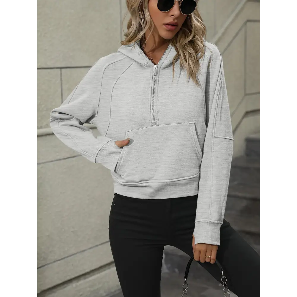 Zip-Up Raglan Sleeve Hoodie with Pocket - Madi Gray Boutique