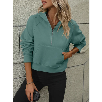 Zip-Up Raglan Sleeve Hoodie with Pocket - Madi Gray Boutique